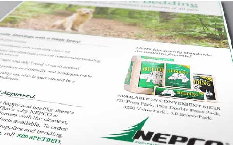Product sell sheet for pet bedding and litter company.